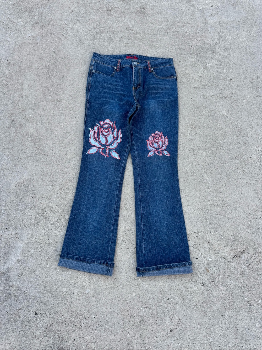 Western Denim Bank Vintage Y2K Rhinestone Rose Flare Jeans Low Rise size 11/12